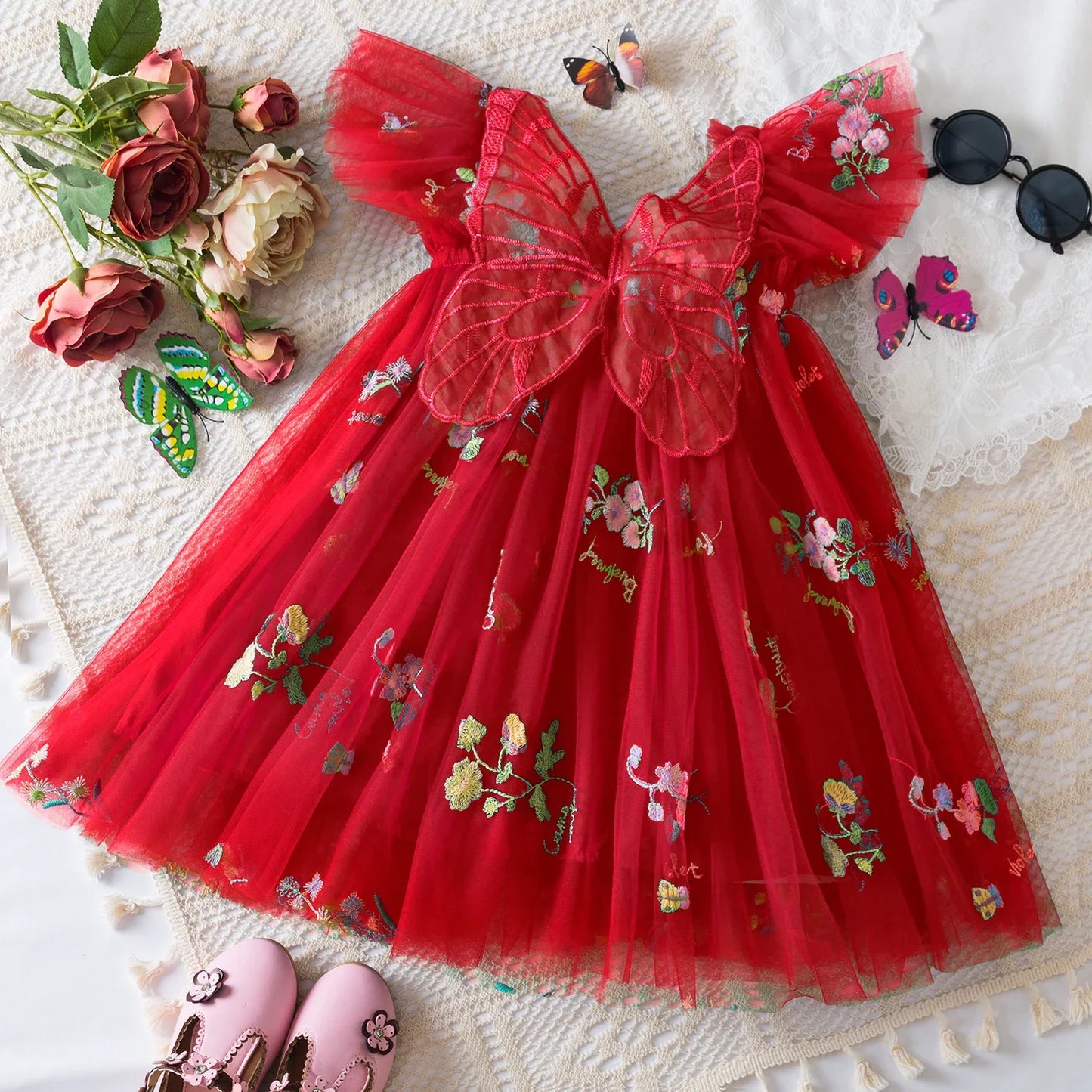 Birthday Party Dress back bow wing floral embroidered strap mesh for Baby Girl