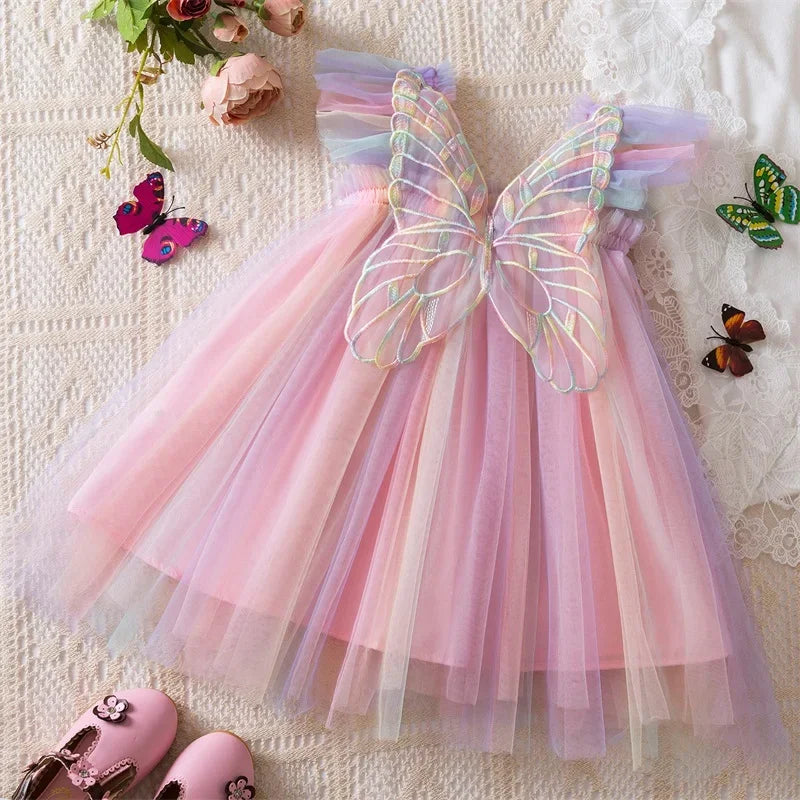 Birthday Party Dress back bow wing floral embroidered strap mesh for Baby Girl