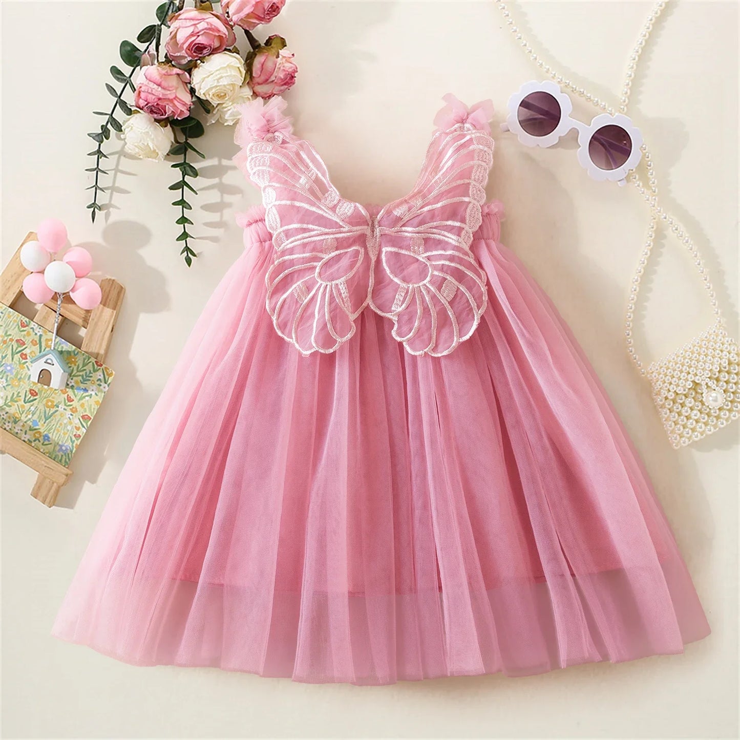 Birthday Party Dress back bow wing floral embroidered strap mesh for Baby Girl