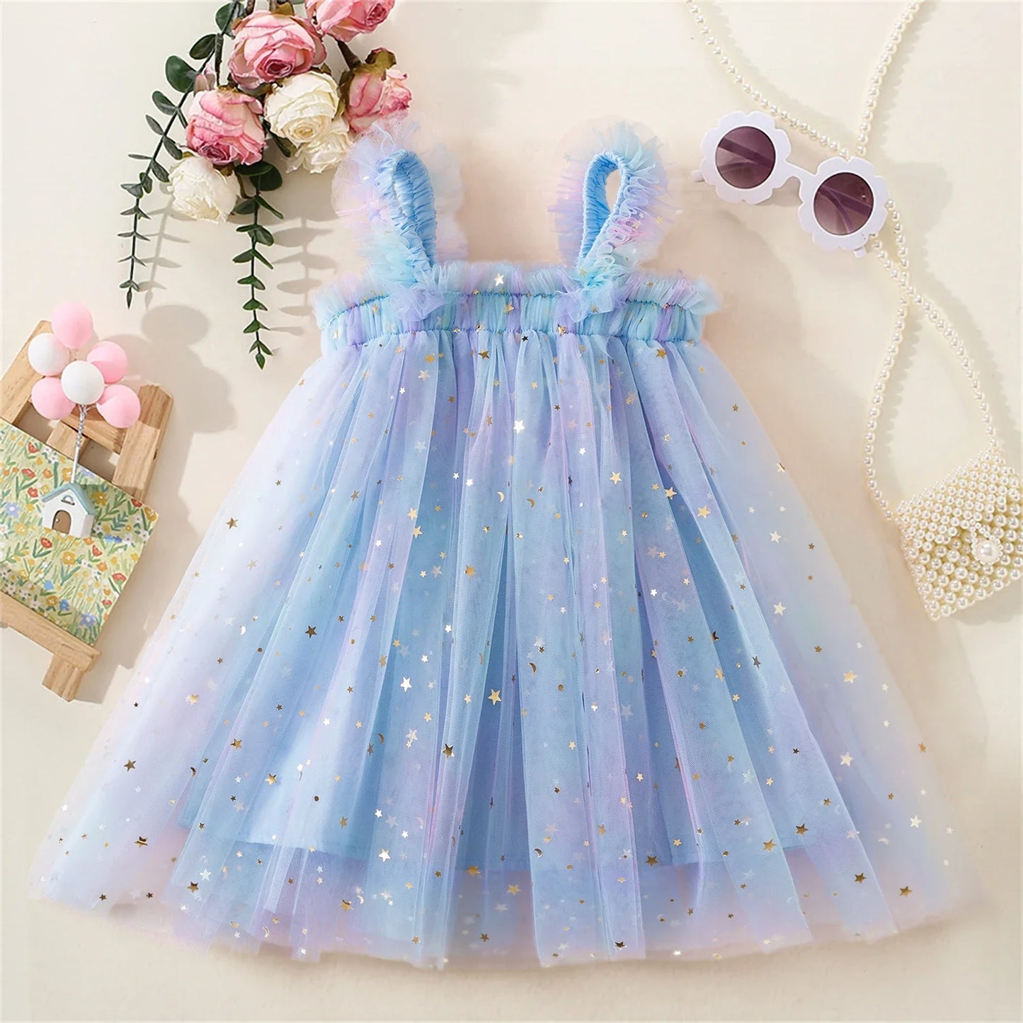 Birthday Party Dress back bow wing floral embroidered strap mesh for Baby Girl