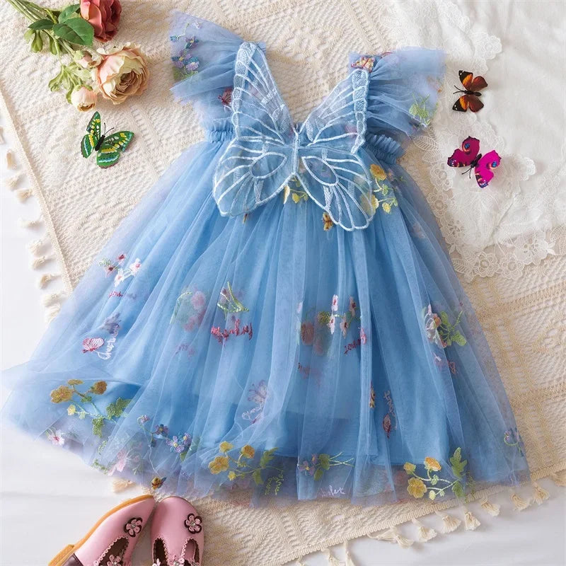 Birthday Party Dress back bow wing floral embroidered strap mesh for Baby Girl