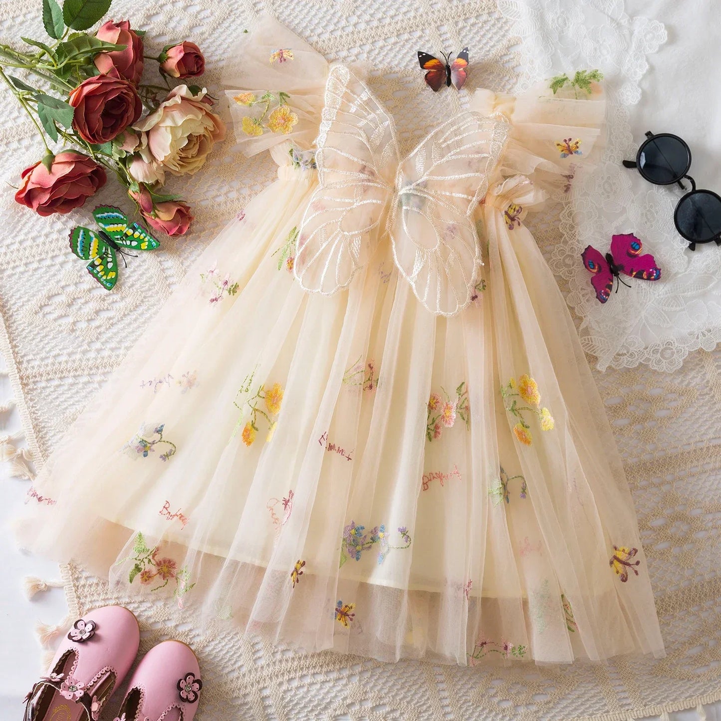 Birthday Party Dress back bow wing floral embroidered strap mesh for Baby Girl