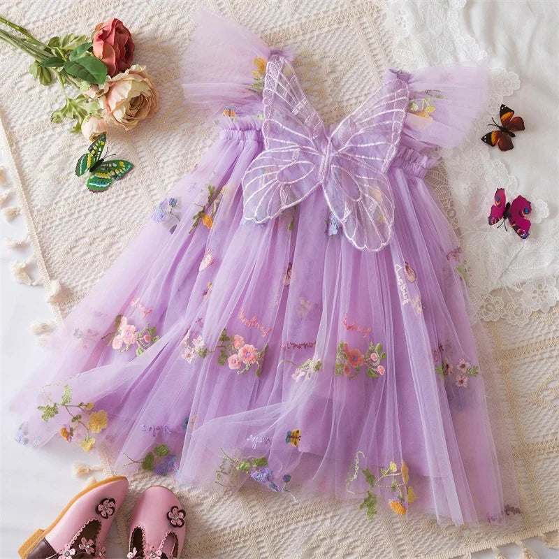 Birthday Party Dress back bow wing floral embroidered strap mesh for Baby Girl