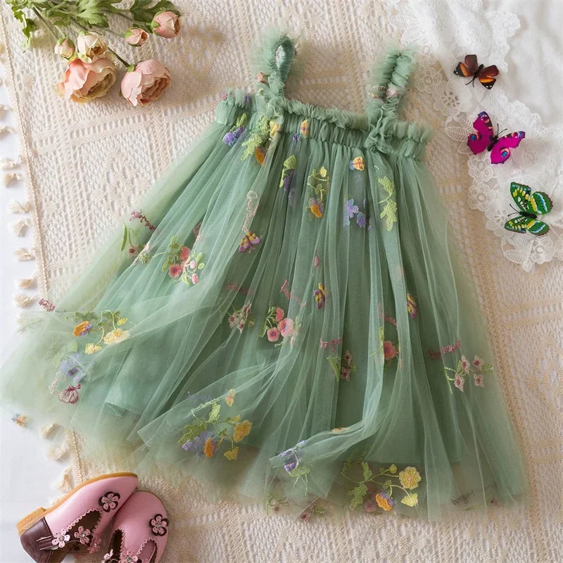 Birthday Party Dress back bow wing floral embroidered strap mesh for Baby Girl