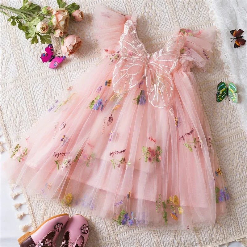 Birthday Party Dress back bow wing floral embroidered strap mesh for Baby Girl