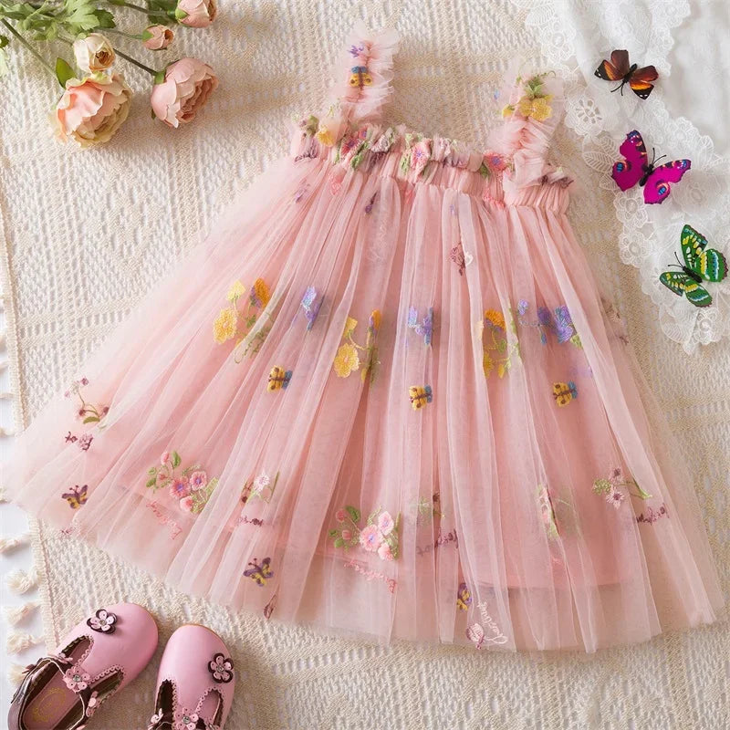 Birthday Party Dress back bow wing floral embroidered strap mesh for Baby Girl