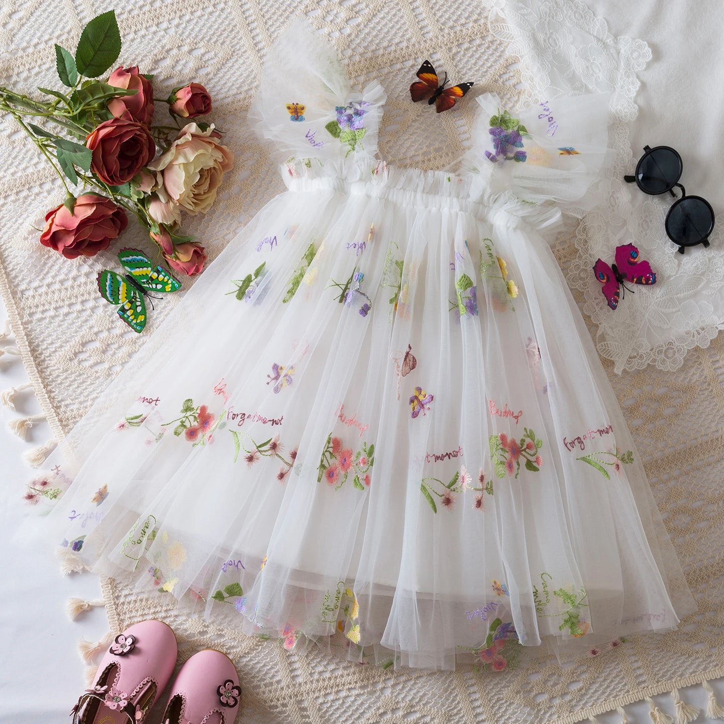 Birthday Party Dress back bow wing floral embroidered strap mesh for Baby Girl