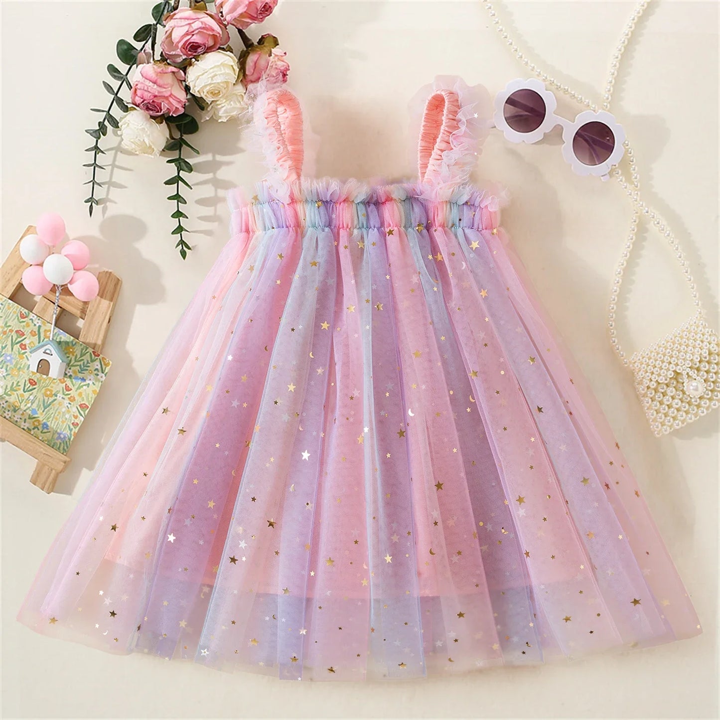 Birthday Party Dress back bow wing floral embroidered strap mesh for Baby Girl