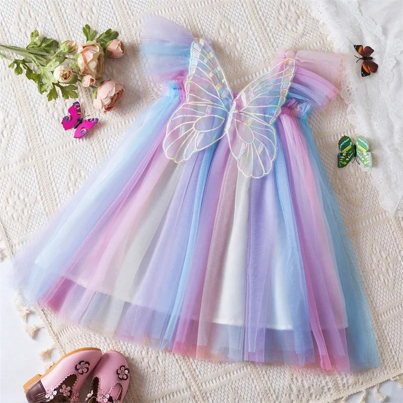 Birthday Party Dress back bow wing floral embroidered strap mesh for Baby Girl