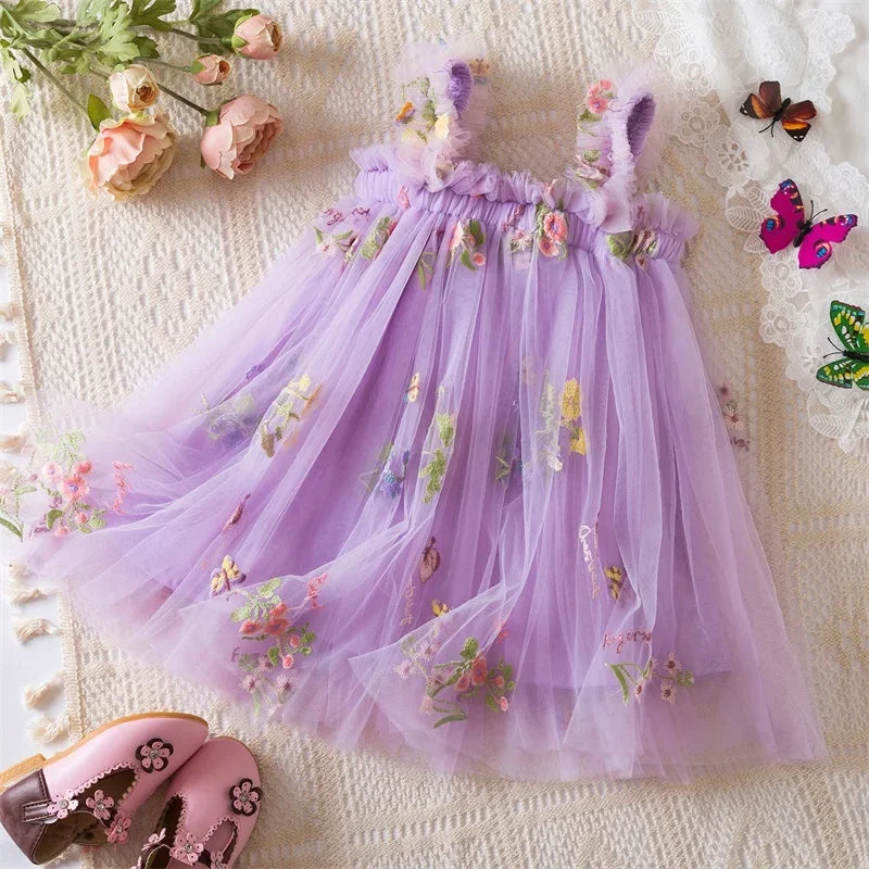 Birthday Party Dress back bow wing floral embroidered strap mesh for Baby Girl