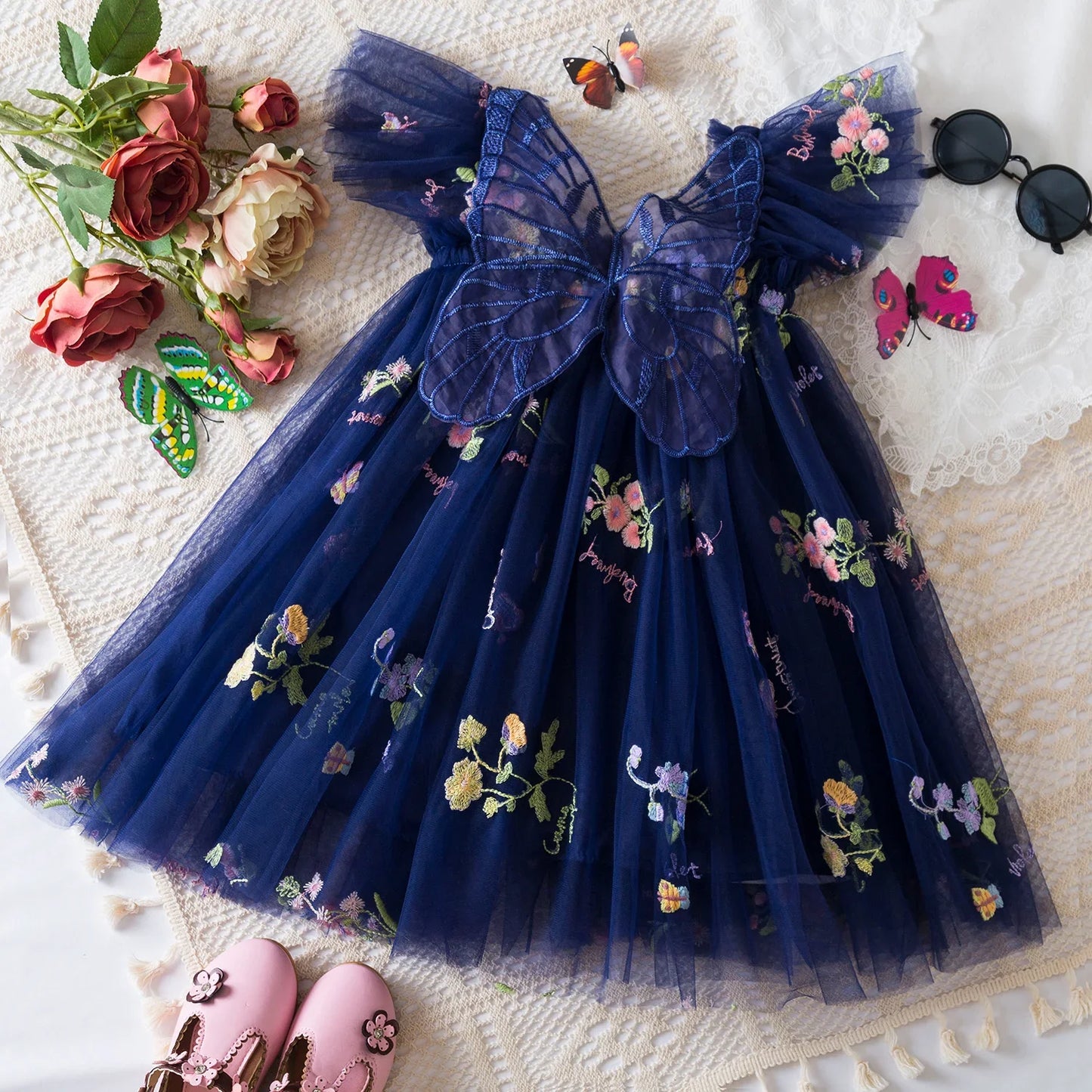 Birthday Party Dress back bow wing floral embroidered strap mesh for Baby Girl